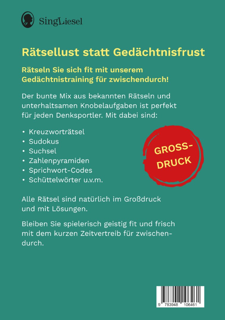 Rückseite des Buches ‚Gedächtnistraining für zwischendurch – Das Rätselbuch für Senioren‘. Das Buch dient der geistigen Fitness und ist im seniorengerechtem Großdruck gestaltet.