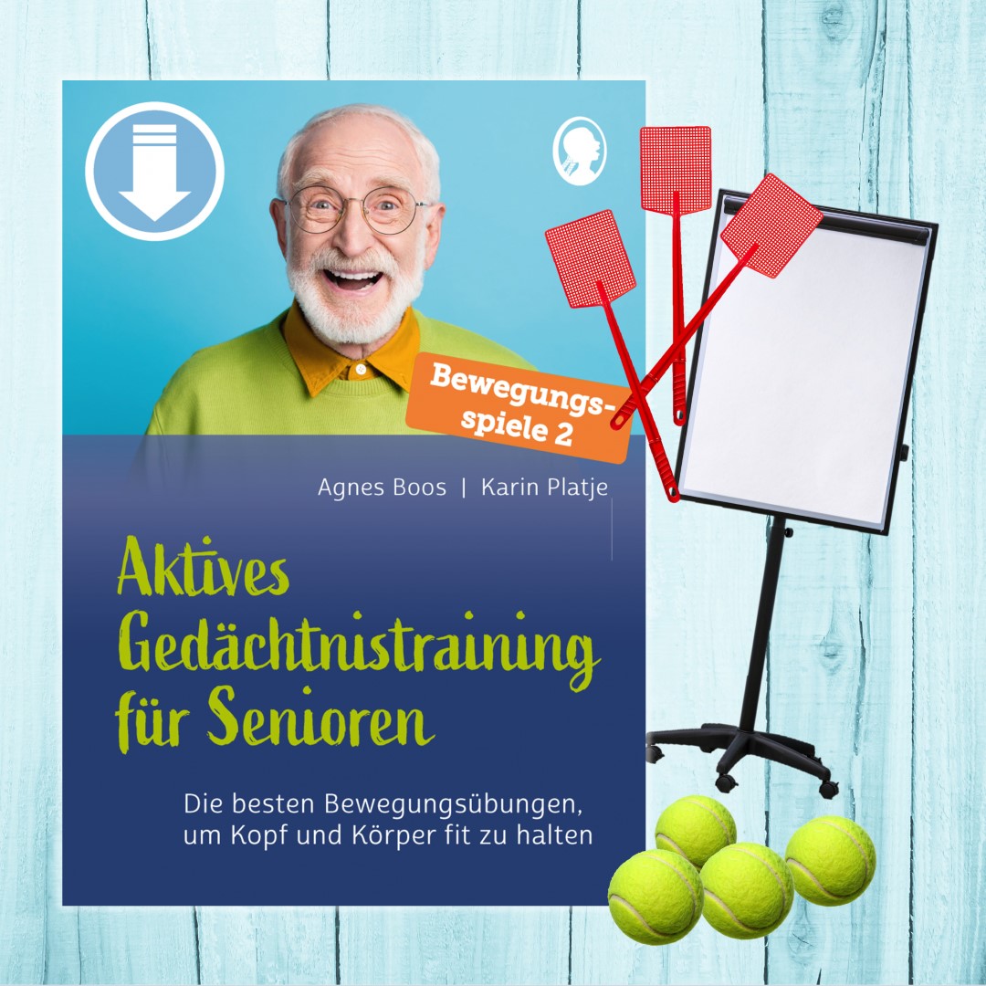 PDF-Cover zu „Aktives Gedächtnistraining für Senioren“. Der Titel von Agnes Boos und Karin Platje präsentiert in einem zweiten Band einfache und effektive Bewegungsspiele, mit denen Senioren Körper und Gedächtnis stärken können.