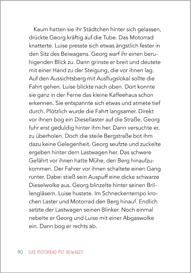 Beispielseite aus der Geschichte „Das Motorrad mit Beiwagen“ im Buch „Kurzgeschichten für Senioren“. Zu sehen ist eine in Großdruck gestaltete Textseite mit klarer, gut lesbarer Schrift, die eine heitere Alltagsgeschichte erzählt und sich besonders gut zu
