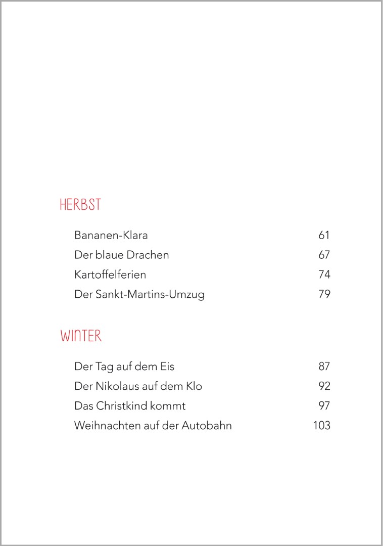 Inhaltsverzeichnis des Buchs ‚Jahreszeitengeschichten für Senioren‘ von Annette Weber mit je vier Geschichten zu Herbst und Winter. Die Geschichten eignen sich zum Vorlesen und zur Aktivierung in der Seniorenbetreuung. 