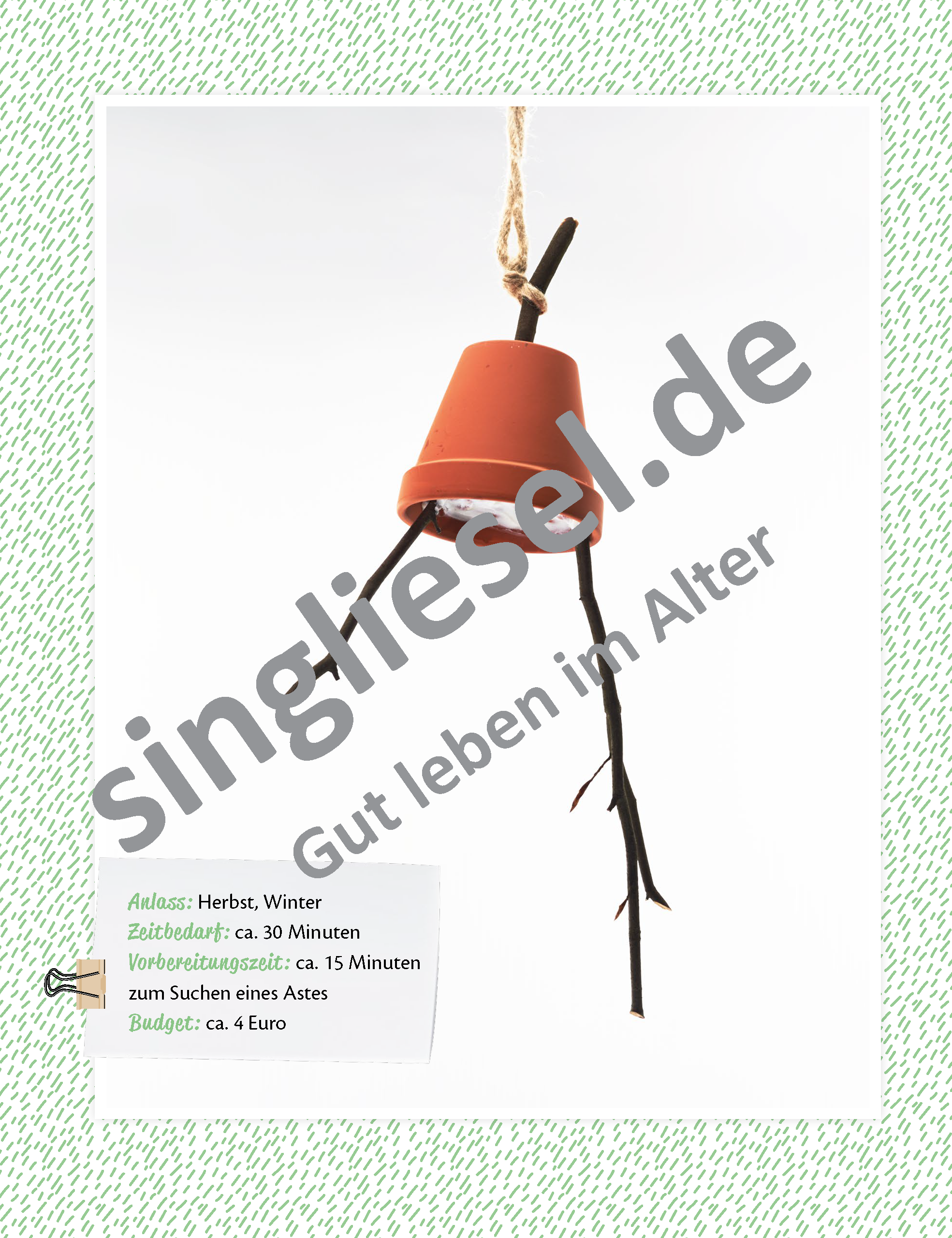 Beispielbild: Bastelanleitung für eine Vogelfutterglocke - Kreatives Gestalten mit Senioren mit Demenz als PDF-Download Beispielbild: Bastelanleitung für eine Vogelfutterglocke - Kreatives Gestalten mit Senioren mit Demenz als PDF-Download