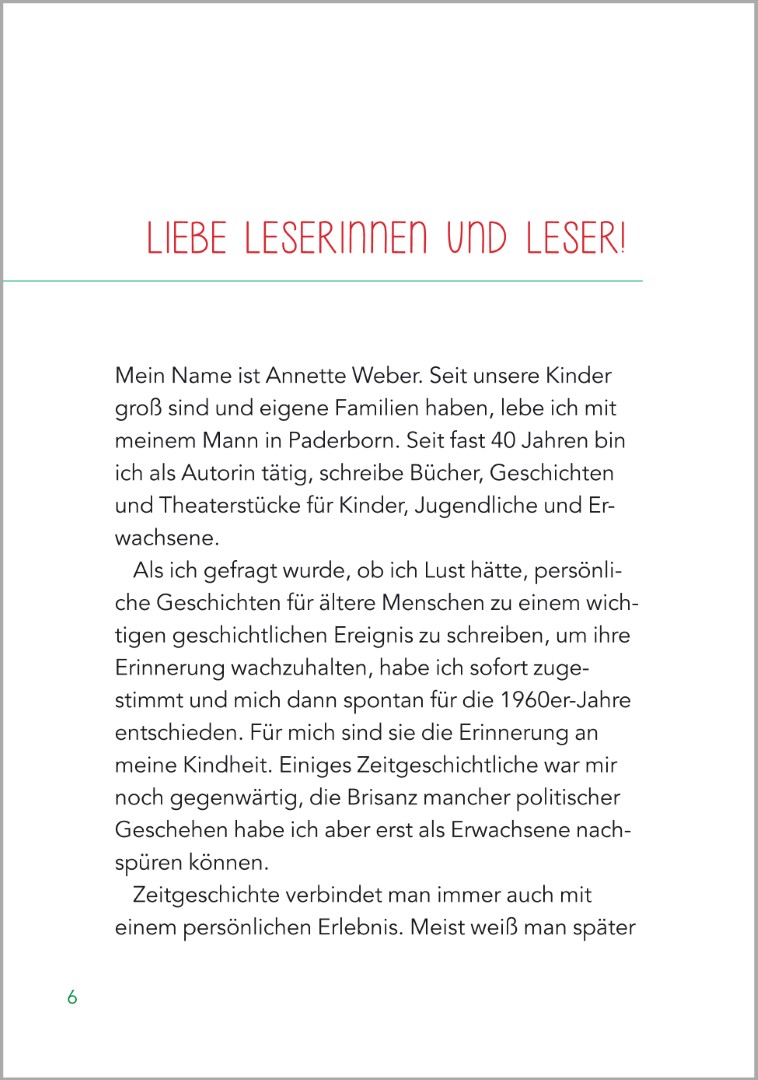 Einleitungsseite des Buches ‚Geschichten aus den 60ern - Kurzgeschichten für Senioren‘. Die Autorin beschreibt, dass die Ereignisse der 60er prägend waren und sich gut für die Erinnerungsarbeit mit Senioren eignen.