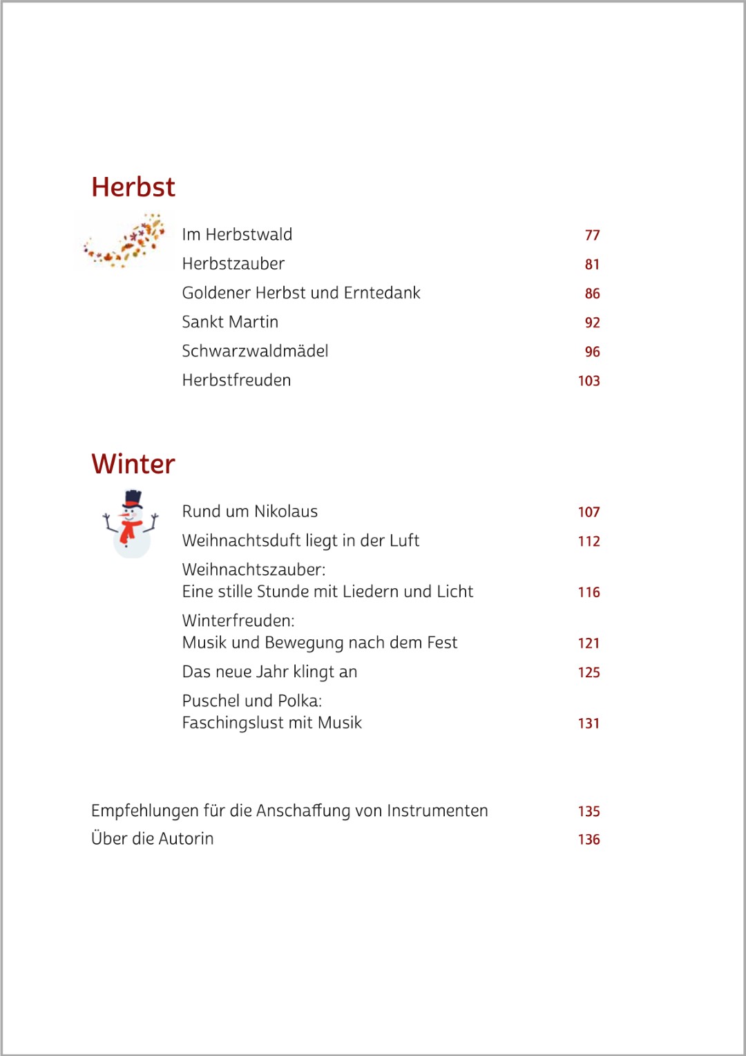 Inhaltsverzeichnis des Buches ‚Aktivieren mit Musik für Senioren‘ von Silke Hubrig. Die Themen sind nach Jahreszeiten gegliedert. Jede Jahreszeit bietet sechs musikalische Aktivierungen für Senioren – auch mit Demenz.