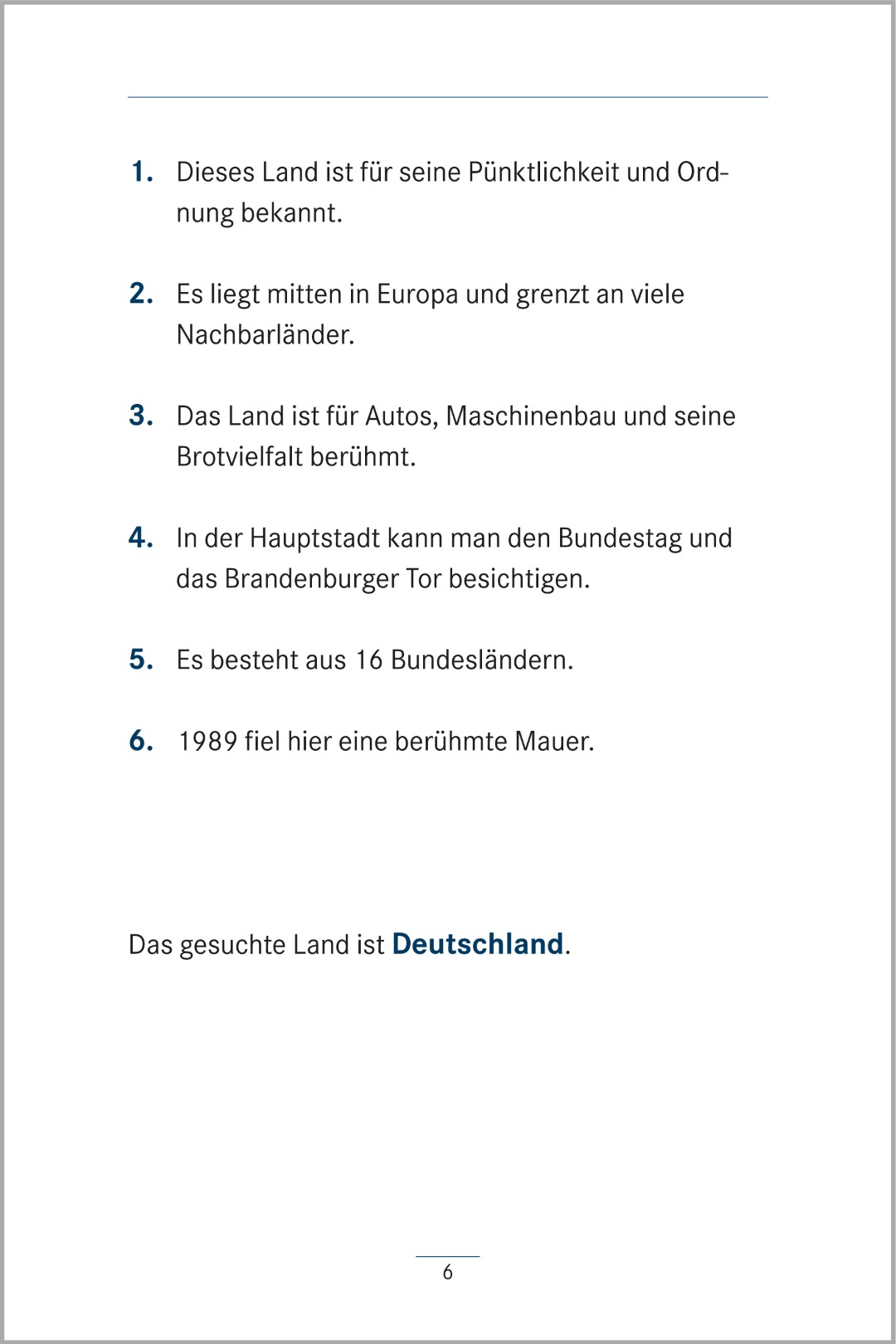 Beispielseite aus dem Buch „Umschreibungen – Stadt, Land, Fluss“ vom SingLiesel Verlag. Zu sehen ist eine Übungsseite, auf der mithilfe von sechs beschreibenden Hinweisen der gesuchte Begriff „Deutschland“ gefunden werden soll.