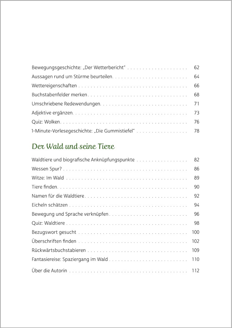 Inhaltsverzeichnis von Gedächtnistraining für Senioren „Natur pur“ – Gehirnjogging für Naturliebhaber. Das Inhaltsverzeichnis präsentiert das Thema „Der Wald und seine Tiere“ – ideal zur Aktivierung von Senioren.