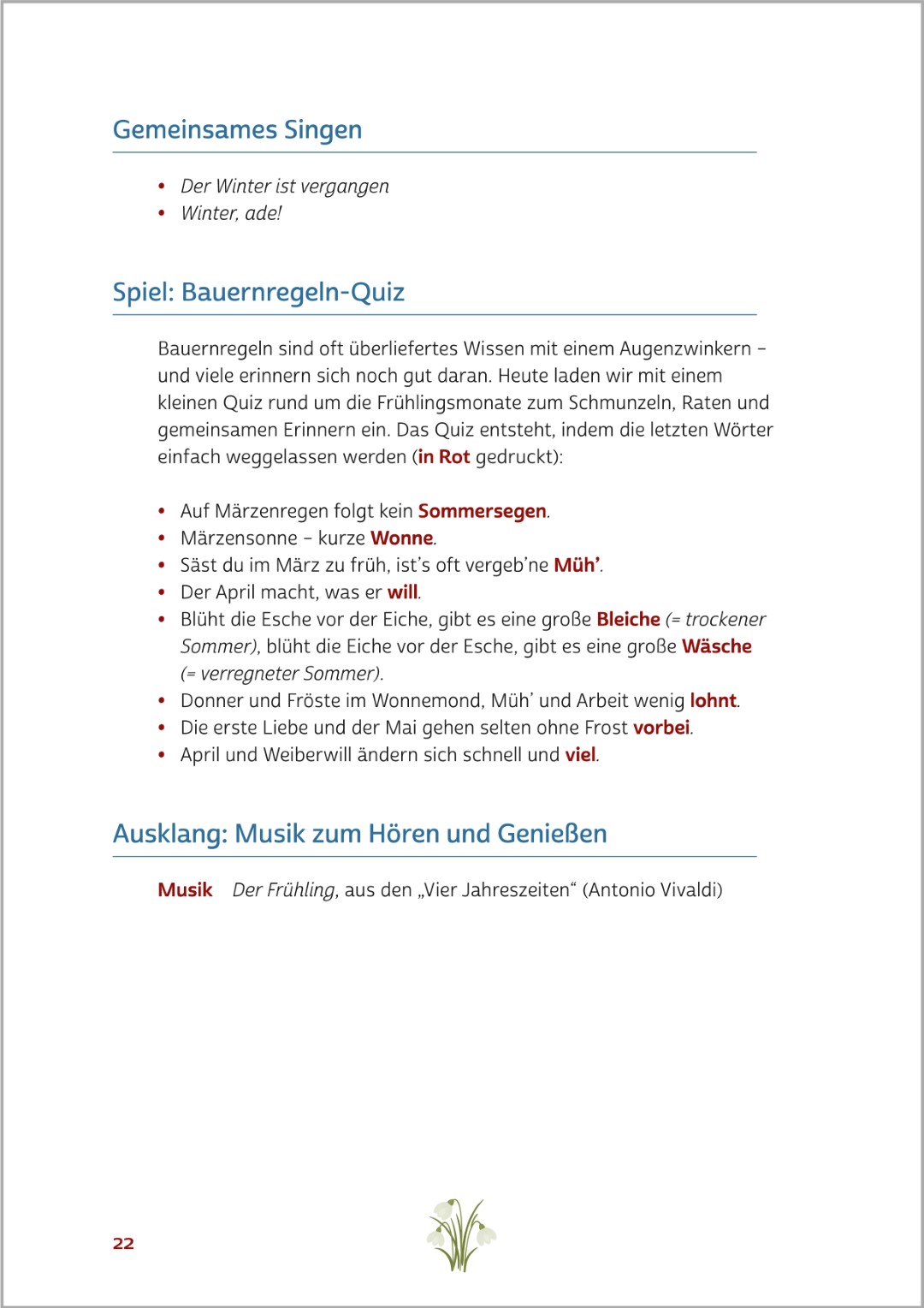 Beispielseite aus dem Buch „Aktivieren mit Musik für Senioren leicht gemacht“. Zu sehen ist die Aktivierung „Beschwingt in den Frühling“, eine musikalische Aktivierungseinheit, die zu Bewegung und gemeinsamer Teilnahme anregt.