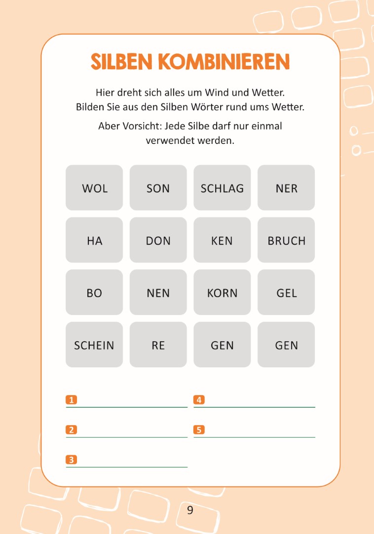 Beispielseite mit Silbenrätsel zum Thema Wind und Wetter aus dem Buch ‚Gedächtnistraining für Senioren‘ – zur Sprach- und Denkaktivierung.
