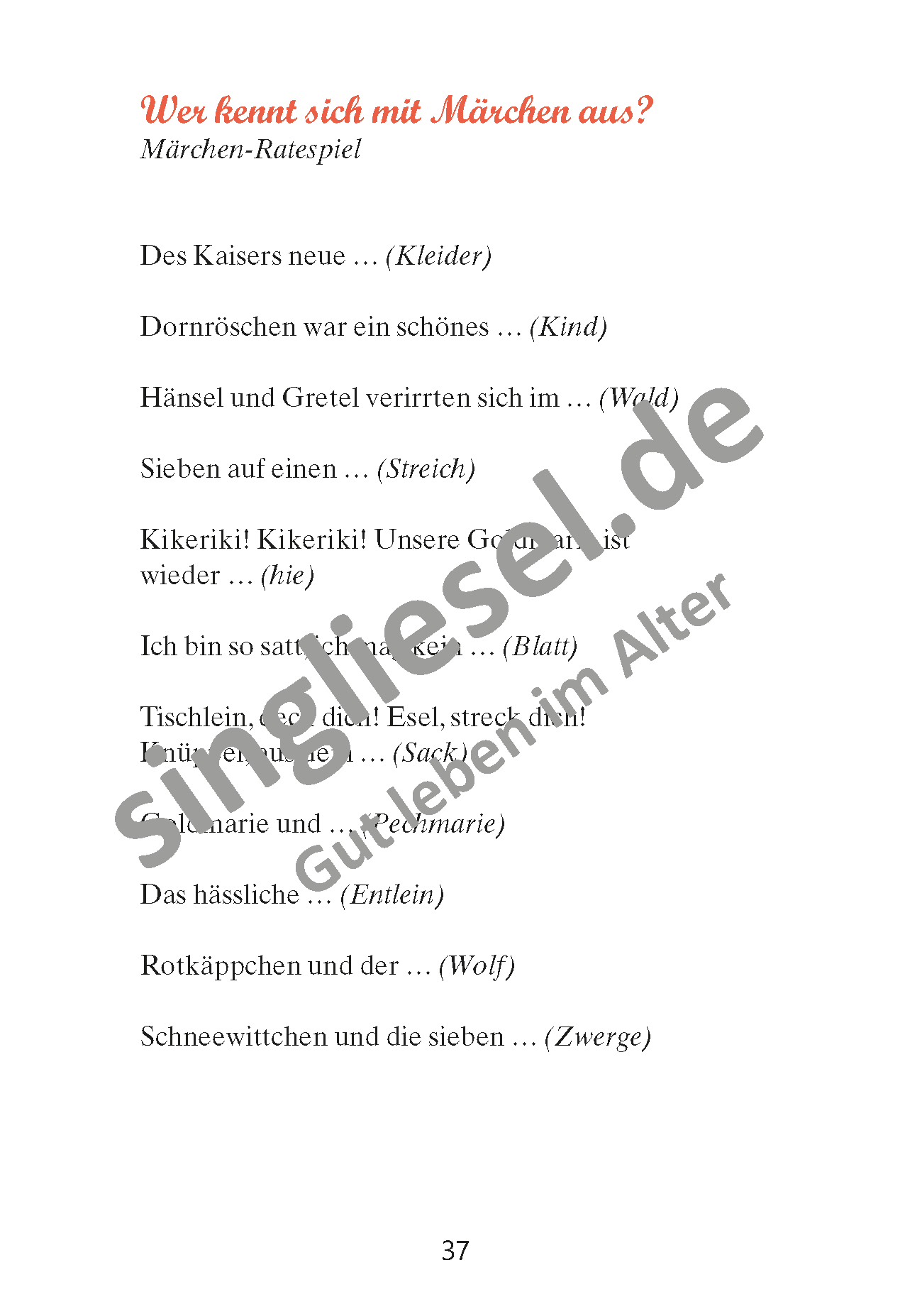 Beispielseite aus: Bekannte Märchen Band 1 - zum Vorlesen und Mitraten für Senioren mit Demenz als PDF-Download Beispielseite aus: Bekannte Märchen Band 1 - zum Vorlesen und Mitraten für Senioren mit Demenz als PDF-Download