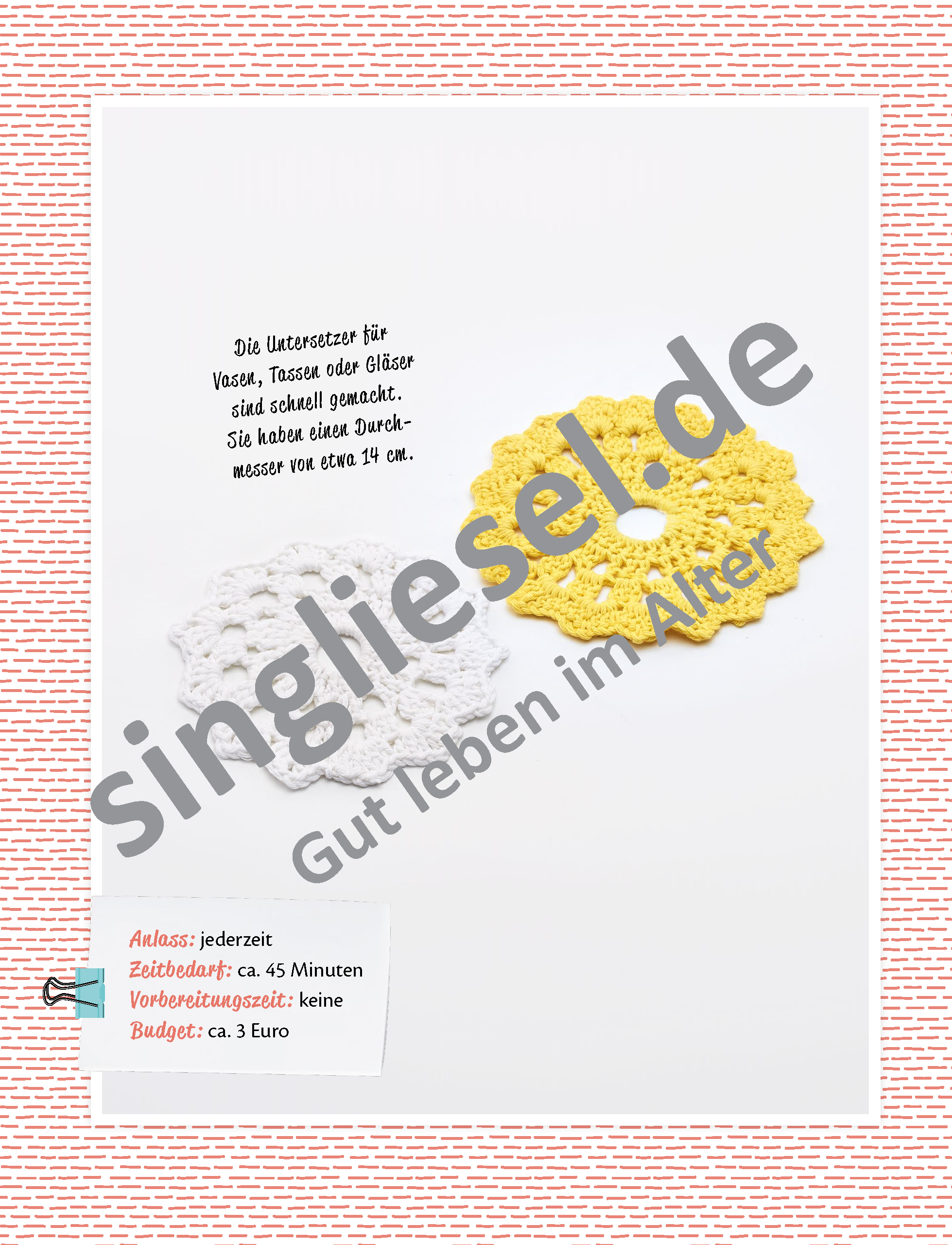 Beispielbild: Anleitung zum Basteln von Häkeluntersetzern – kreative Beschäftigung mit Wolle für Senioren als PDF-Download Beispielbild: Anleitung zum Basteln von Häkeluntersetzern – kreative Beschäftigung mit Wolle für Senioren als PDF-Download