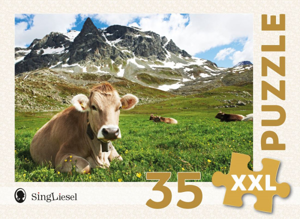 Puzzle für Senioren mit Demenz. Kuh auf der Alp. Cover