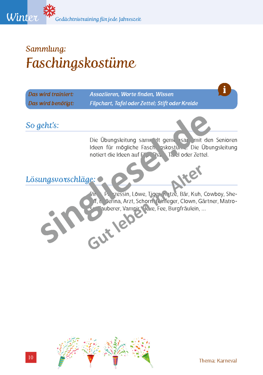 Gedächtnistraining. Arbeitsblätter Senioren. Fasching, Karneval. Download.