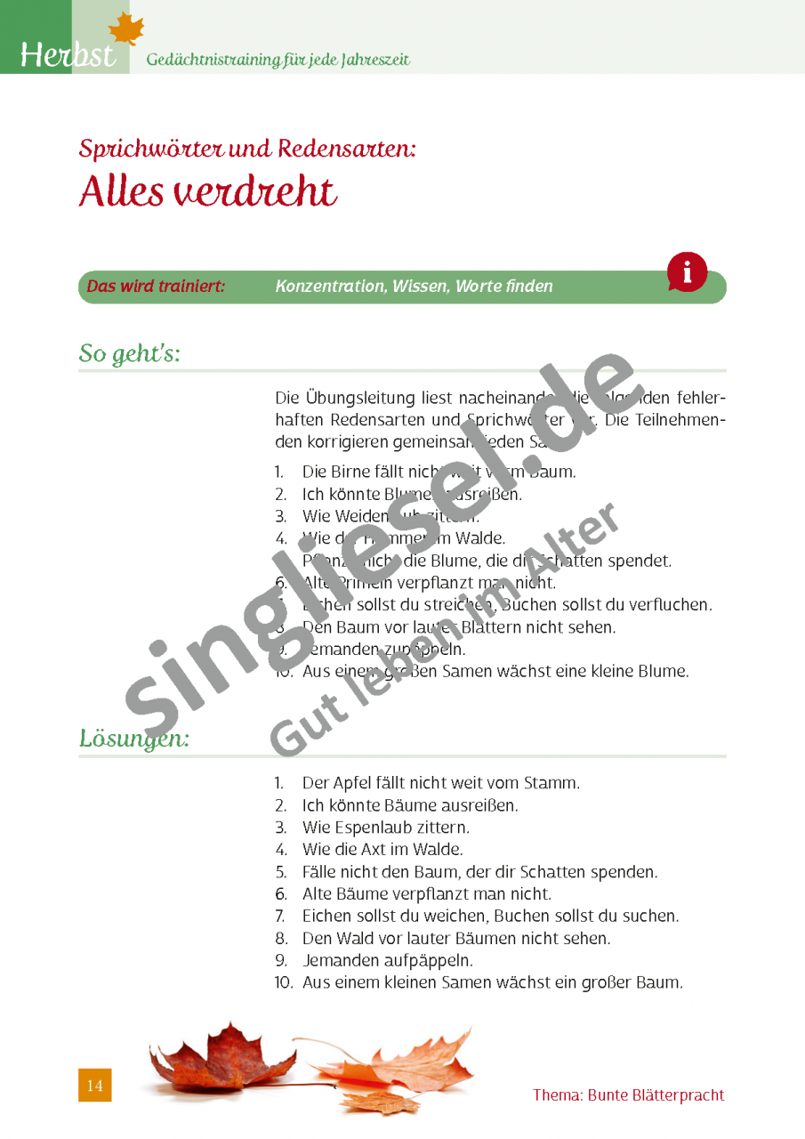 Gedächtnistraining. Arbeitsblätter Senioren. Herbst, Herbstblätter