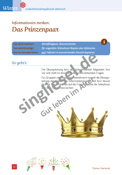 Gedächtnistraining. Arbeitsblätter Senioren. Fasching, Karneval. Download.
